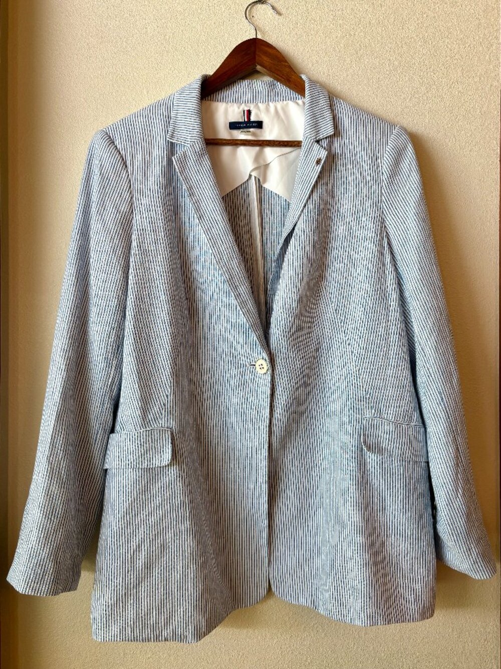 EUC Tommy Hilfiger Blue White Pinstripe Seersucker Linen Cotton Blend Blazer 16